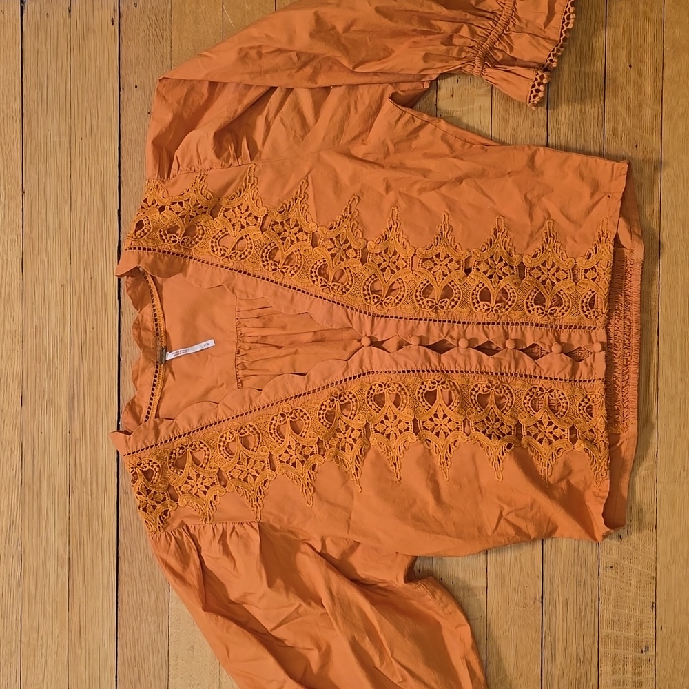 Free People, Lace Trim Smocked Blouse, 3/4 Puff Sleeves, Orange, VGUC, Women's S